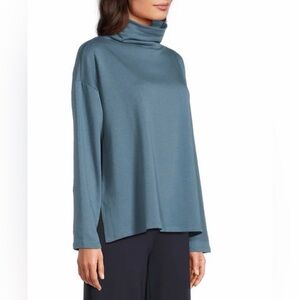 Eileen Fisher XL Brushed Terry High Funnel Neck Long Sleeve Box Top Sea Blue
